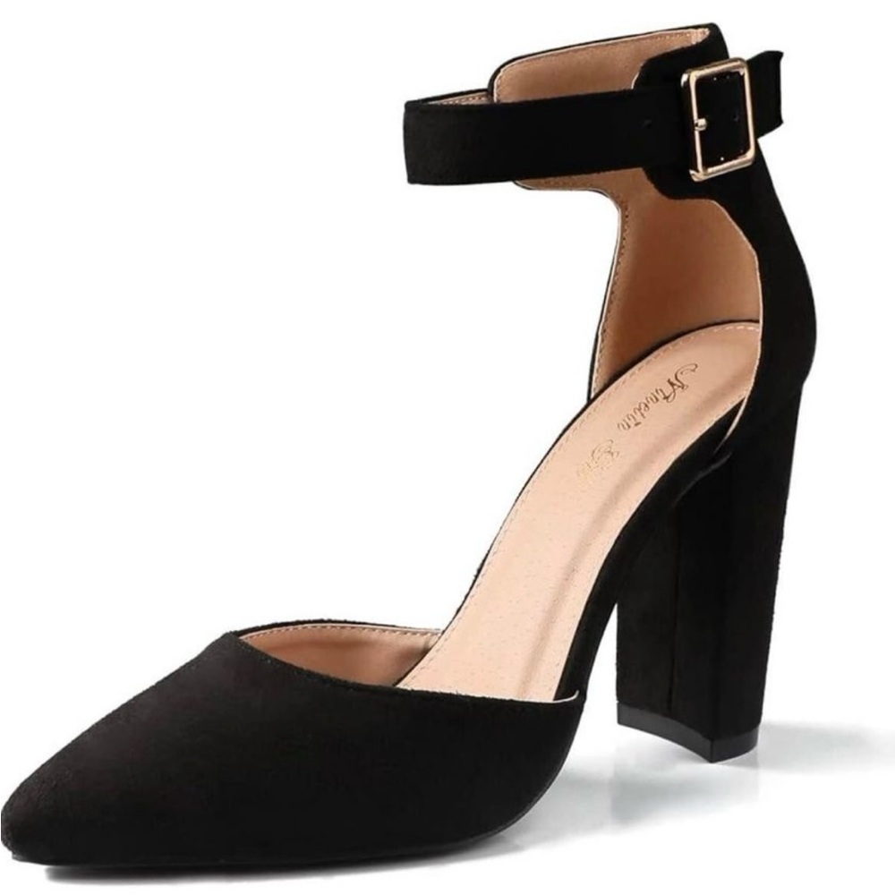 NEW Black Suede Closed Toe Ankle Strap Heels Size 11‎